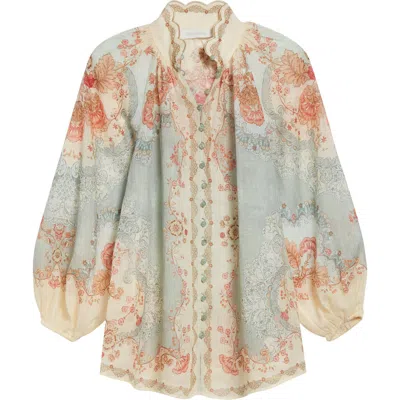 Zimmermann Daylight Scalloped Printed Ramie Blouse In Multi