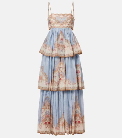 Zimmermann Womens Wallpaper Floral Denim Daylight Tiered Cotton-blend Maxi Dress In Blue