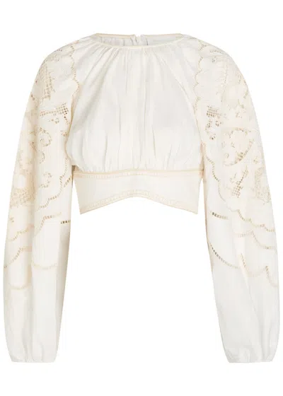 Zimmermann Daylight Guipure-lace Cropped Linen Top In White