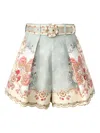 Zimmermann Daylight Multicolor Shorts With Belt On The Front And All-over Floral Motif In Linen Woman In Blue
