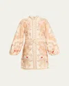 Zimmermann Linen Mini Dress With Floral Print And Scalloped Edges In Nude