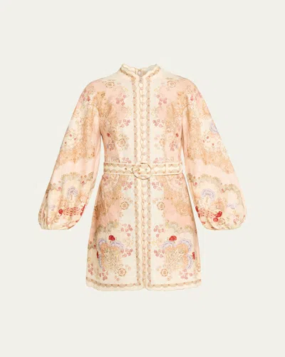 Zimmermann Daylight Multicolor Midi Dress With Long Puffed Sleeves And All-over Floral Print In Linen Woman In Yellow