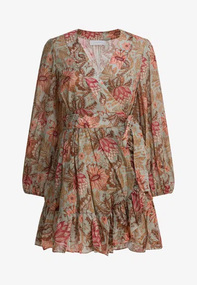 Zimmermann Daylight Mini Wrap Frill Dress Stamp Floral Sage In Brown