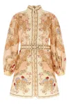 Zimmermann Linen Mini Dress With Floral Print And Scalloped Edges In Brown