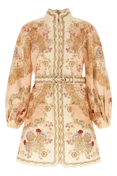 Zimmermann Daylight Multicolor Midi Dress With Long Puffed Sleeves And All-over Floral Print In Linen Woman In Yellow