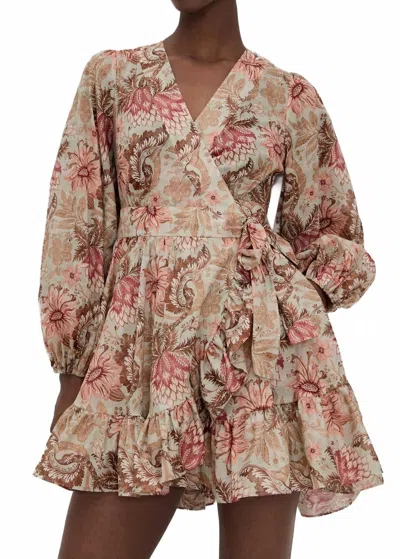 Zimmermann Daylight Mini Wrap Frill Dress In Stamp Floral Sage In Brown