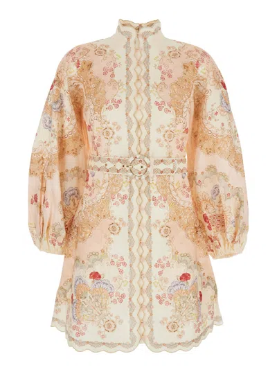 ZIMMERMANN DAYLIGHT MULTICOLOR MIDI DRESS WITH LONG PUFFED SLEEVES AND ALL-OVER FLORAL PRINT IN LINEN WOMAN
