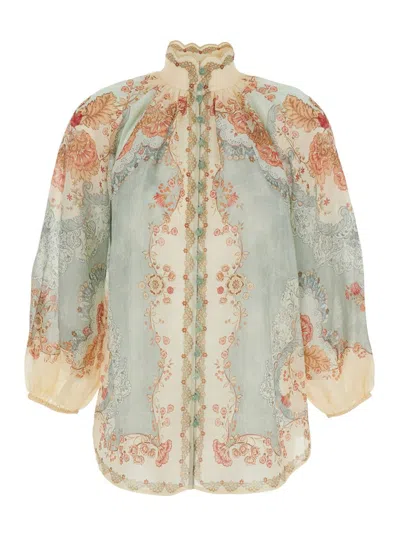 ZIMMERMANN 'DAYLIGHT' MULTICOLOR SHIRT WITH HIGH NECK AND ALL-OVER FLORAL MOTIF IN RAMIE