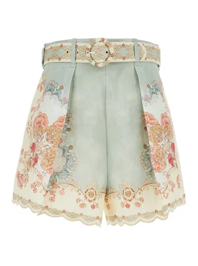 ZIMMERMANN 'DAYLIGHT' MULTICOLOR SHORTS WITH BELT ON THE FRONT AND ALL-OVER FLORAL MOTIF IN LINEN WOMAN