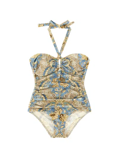Zimmermann Full Coverage Swim Bottoms With Self-tie Halter Neck In Multi