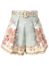 Zimmermann Daylight Multicolor Shorts With Belt On The Front And All-over Floral Motif In Linen Woman In Green