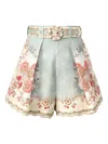 Zimmermann Daylight Multicolor Shorts With Belt On The Front And All-over Floral Motif In Linen Woman In Blue