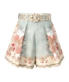 Zimmermann Daylight Multicolor Shorts With Belt On The Front And All-over Floral Motif In Linen Woman In Blue