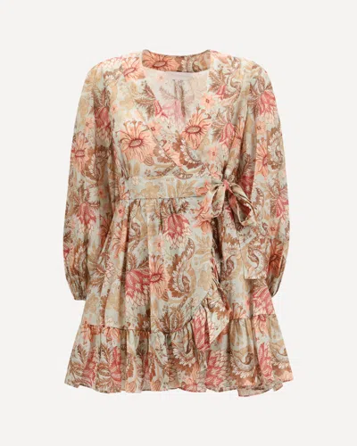 Zimmermann Daylight Mini Wrap Frill Dress Stamp Floral Sage In Brown
