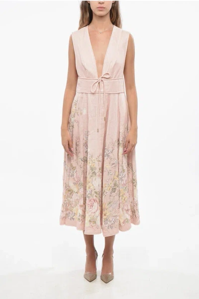 Zimmermann Deep Neckline Linen Floral-motif Waverly Flared Dress In Neutral