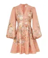 Zimmermann Tallow Pleated Floral-print Linen Mini Dress In Nude