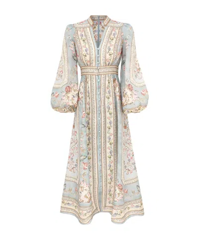 Zimmermann Chic V-neck Mini Dress With Stand Collar And Stone Buttons In Blue