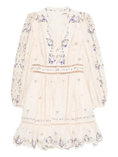 Zimmermann Deep V-neckline Rouleau Button Linen Mini Dress With Scalloped Trim In Bianco