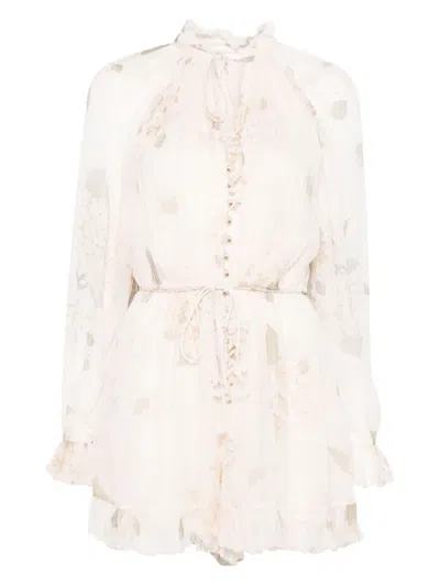 Zimmermann Delicate Floral Playsuit With Removable Belt And Ruffled Edges In White