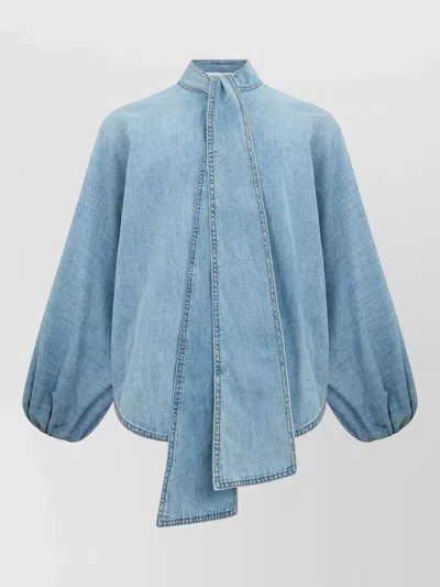 Zimmermann Denim Bow Front Blouse With Puff Sleeves In Blue