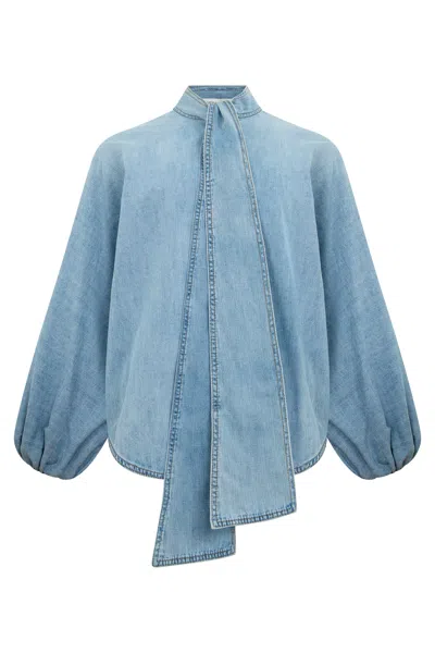 Zimmermann Denim Bow Front Blouse With Puff Sleeves