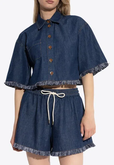Zimmermann Denim Cropped Shirt With Fringes In Blue