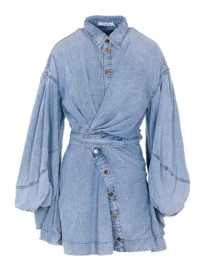 Zimmermann Rebellion Gathered Denim Mini Wrap Dress In Blue