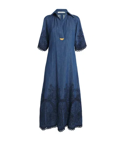 Zimmermann Coco Embroidered Denim Long Dress In Blue