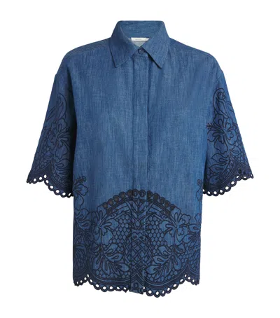Zimmermann Denim Shirt With Floral Embroidery And Collared Neck In Blue