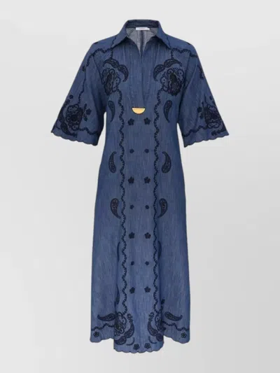 Zimmermann Denim Midi Dress Paisley Embroidery Neckline In Blue