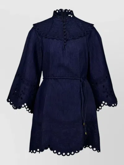 Zimmermann Denim Mini Dress Belted Waist Lace In Blue