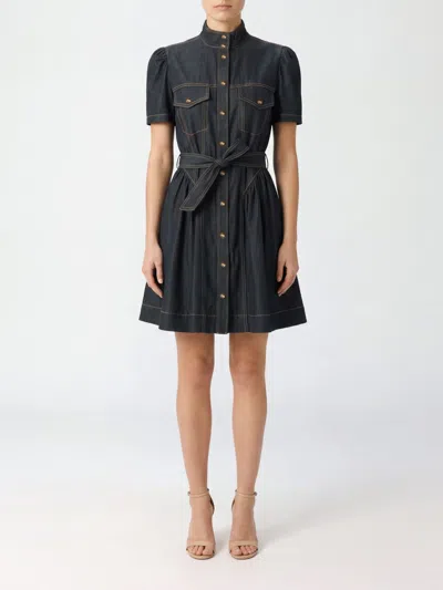Zimmermann Denim Mini Shirtdress With High Neck And Belt In Blue