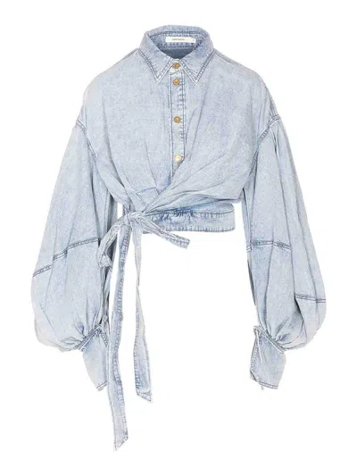 Zimmermann Rebellion Denim Wrap Top Tops Blue In Multi