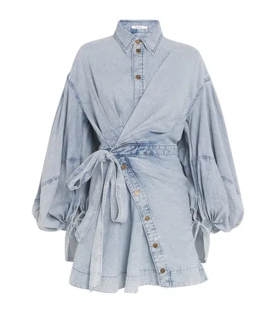 Zimmermann Rebellion Gathered Denim Mini Wrap Dress In Blue