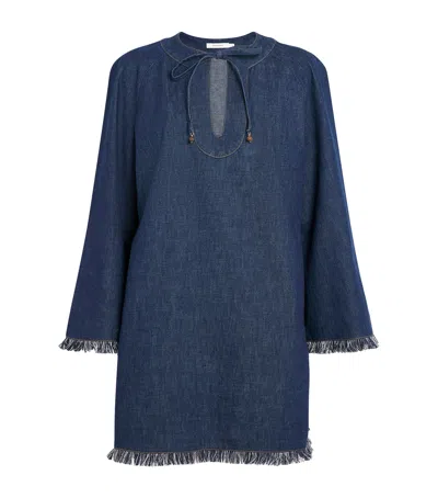Zimmermann Rhiannon Fringed Denim Mini Dress In Blue