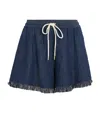 Zimmermann Rhiannon Drawstring Waist Fringe Hem Denim Shorts In Navy
