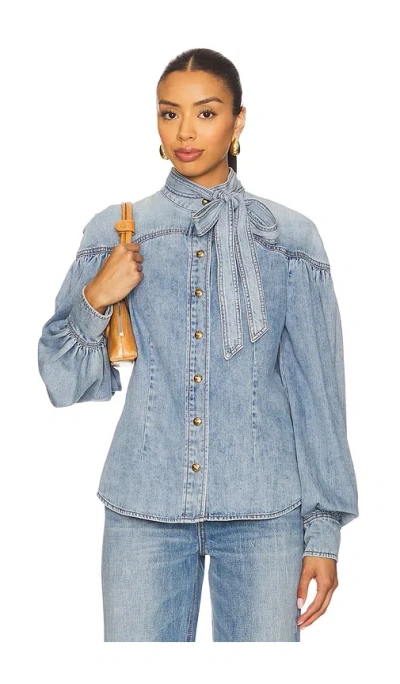 Zimmermann Denim Tie Neck Blouse In Blue