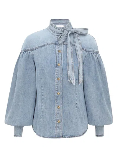 Zimmermann Denim Tie Neck Blouse In Blue