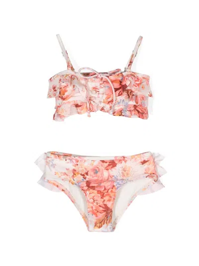 Zimmermann Kids' Devi Floral-print Bikini Set In Orange