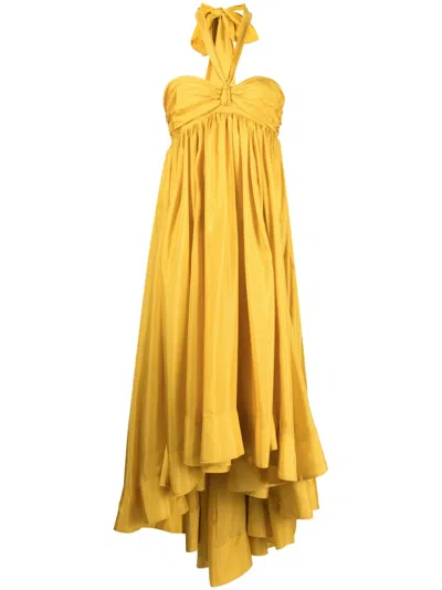 Zimmermann Asymmetric Gathered Silk-voile Halterneck Midi Dress In Mustard