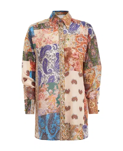 Zimmermann Patchwork Effect Silk Davi Blouse With Jewels Buttons In Multi