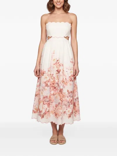 Pre-owned Zimmermann Devi Scalloped Midi Dress In Neutrals