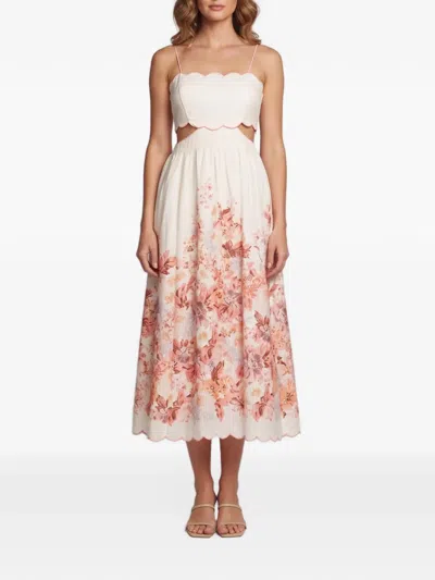 Pre-owned Zimmermann Devi Scalloped Midi Dress In Neutrals