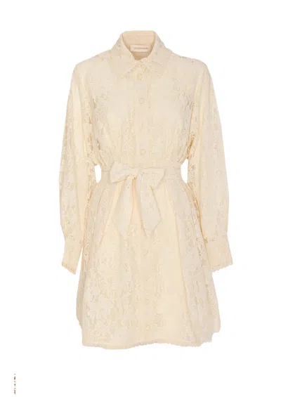 Zimmermann Waist Belt Lace Detail Mini Dress In White