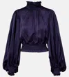 Zimmermann Dream Cropped Shirred Silk-satin Blouse In Blue