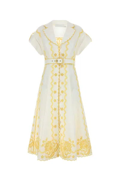 Zimmermann Belted Embroidered Linen Midi Shirt Dress In Yellow
