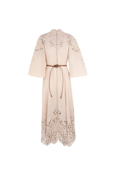 Zimmermann Beige Long Dress With High Neck And All-over Embroidery