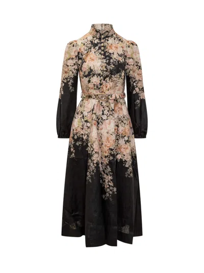 Zimmermann Floral Print Linen Midi Dress With In Black