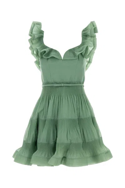 Zimmermann Pleated Ruffled Mini Dress In Green