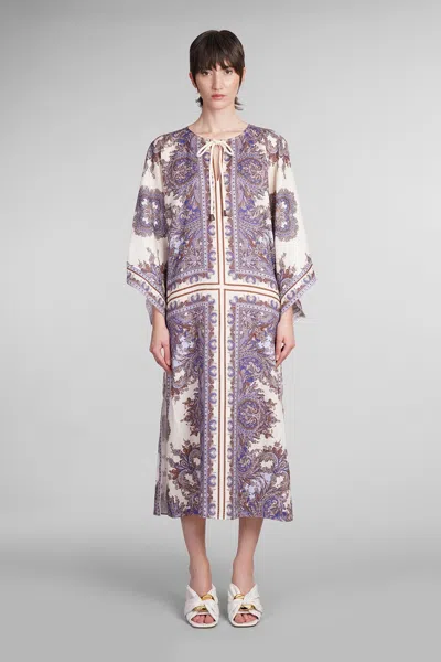 Zimmermann Dress In Beige Linen In Purple Paisley